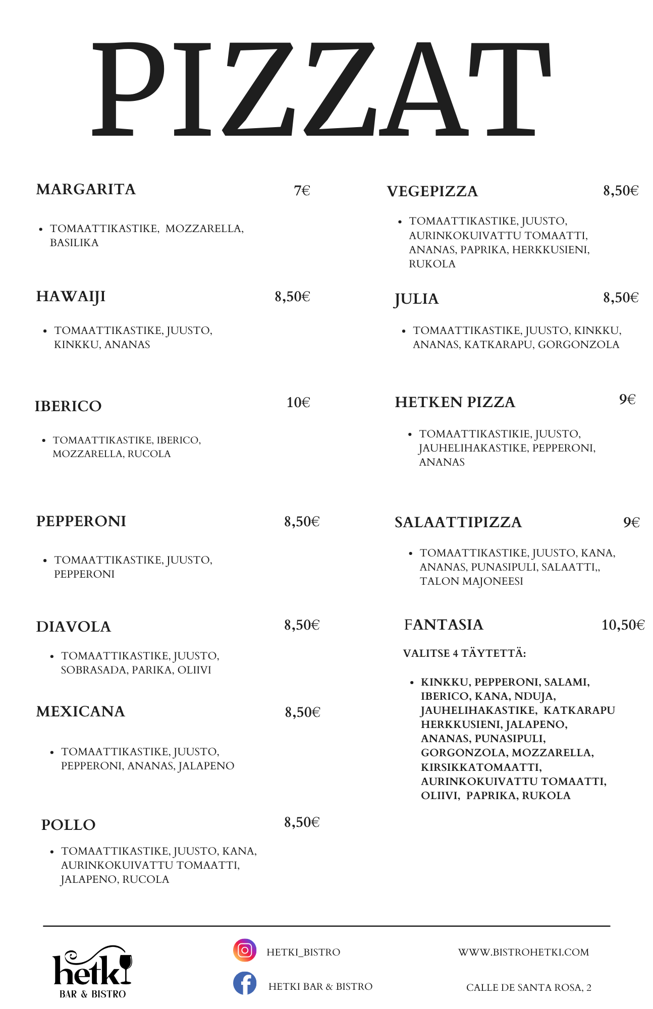 Pizza menu